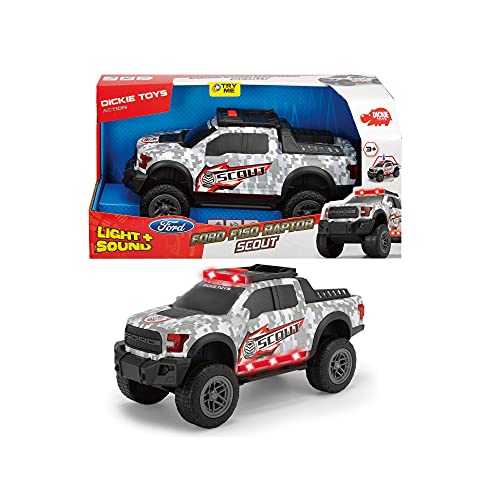 Dickie Toys 203756000 Ford F150 Raptor – Scout Juguete Auto con piñón Libre, función de luz y Sonido