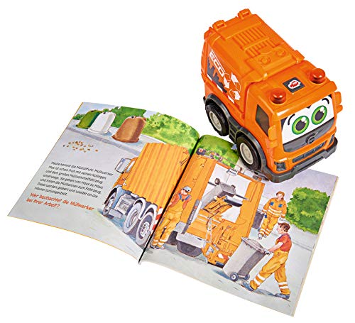 Dickie Toys 203812010 - Recogedor de Basura con Rueda Libre, Incluye lo Que es el Libro, no destiñe y Resistente a la Saliva, Juguete a Partir de 1 año, 14,5 cm, Color Naranja