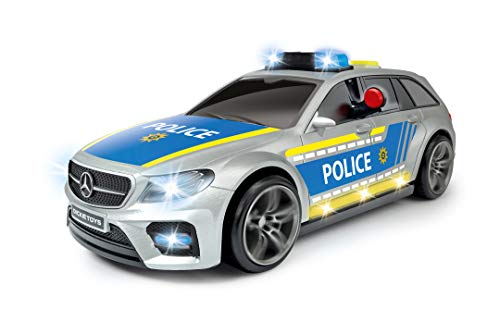 Dickie Toys Mercedes Benz Mercedes AMG E43 203716018 Coche de policía Coche de Juguete, Puerta Trasera se Abre pulsando un botón con Efecto de Sonido de ladrillo, Incluye Pilas, 30 cm, Azul Plateado