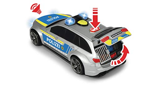 Dickie Toys Mercedes Benz Mercedes AMG E43 203716018 Coche de policía Coche de Juguete, Puerta Trasera se Abre pulsando un botón con Efecto de Sonido de ladrillo, Incluye Pilas, 30 cm, Azul Plateado