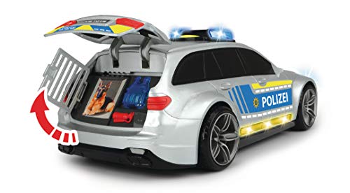 Dickie Toys Mercedes Benz Mercedes AMG E43 203716018 Coche de policía Coche de Juguete, Puerta Trasera se Abre pulsando un botón con Efecto de Sonido de ladrillo, Incluye Pilas, 30 cm, Azul Plateado