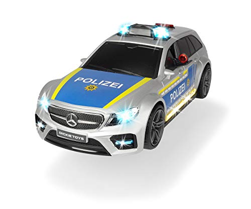 Dickie Toys Mercedes Benz Mercedes AMG E43 203716018 Coche de policía Coche de Juguete, Puerta Trasera se Abre pulsando un botón con Efecto de Sonido de ladrillo, Incluye Pilas, 30 cm, Azul Plateado