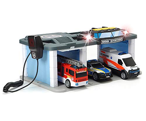 Dickie Toys SOS - Estación de Rescate con policía, Bomberos y Ambulancia, estación con luz y Sonido, micrófono con función de Altavoz, Puertas para Abrir, Incluye Pilas, 31 x 22 x 16 cm