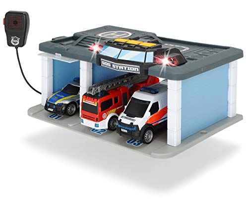 Dickie Toys SOS - Estación de Rescate con policía, Bomberos y Ambulancia, estación con luz y Sonido, micrófono con función de Altavoz, Puertas para Abrir, Incluye Pilas, 31 x 22 x 16 cm