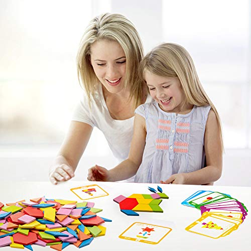 Diealles Shine Tangram Madera, 155Pcs Rompecabezas de Madera para Niños, Puzzles de Madera de Formas Geométricas con 24Pcs Tarjetas de Diseño