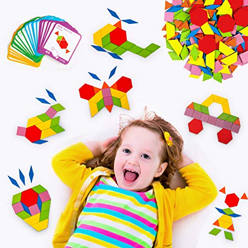 Diealles Shine Tangram Madera, 155Pcs Rompecabezas de Madera para Niños, Puzzles de Madera de Formas Geométricas con 24Pcs Tarjetas de Diseño