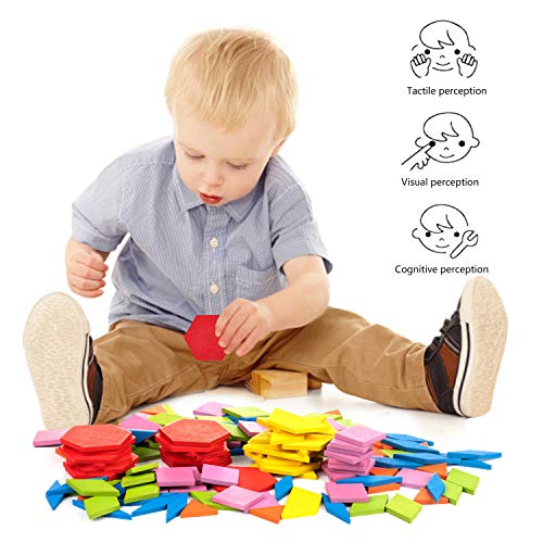 Diealles Shine Tangram Madera, 155Pcs Rompecabezas de Madera para Niños, Puzzles de Madera de Formas Geométricas con 24Pcs Tarjetas de Diseño