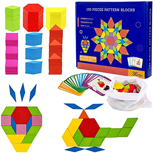 Diealles Shine Tangram Madera, 155Pcs Rompecabezas de Madera para Niños, Puzzles de Madera de Formas Geométricas con 24Pcs Tarjetas de Diseño