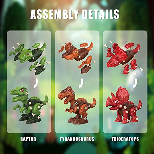 Dinosaurios Juguetes con Taladro Eléctrico,Juego Construccion Puzzle Tiranosaurio Rex,Velociraptor y Triceratops para DIY Juegos de Dinosaurios Cumpleaños Regalo para Niños de 3,4,5,6,7,8,9 Años