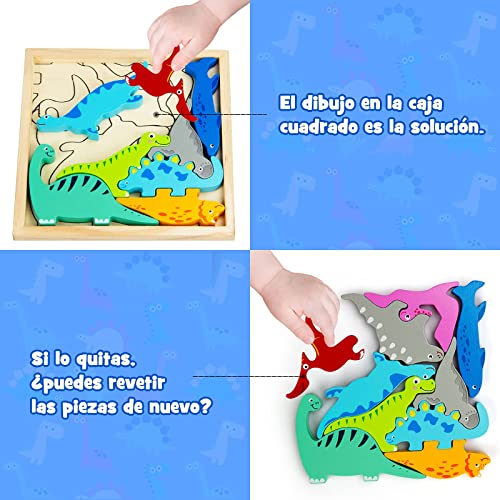 Dinosaurios Juguetes Puzzle 3 Años Madera Rompecabezas para 3 4 5 7 9 Años Juguetes Montessori Juguetes Educativos Niños 3 años Niñas Cumpleaños Animales Apilar Encajar Bloques de Madera HONGDDY