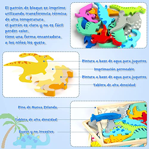 Dinosaurios Juguetes Puzzle 3 Años Madera Rompecabezas para 3 4 5 7 9 Años Juguetes Montessori Juguetes Educativos Niños 3 años Niñas Cumpleaños Animales Apilar Encajar Bloques de Madera HONGDDY