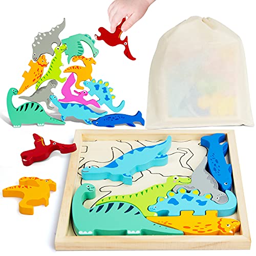 Dinosaurios Juguetes Puzzle 3 Años Madera Rompecabezas para 3 4 5 7 9 Años Juguetes Montessori Juguetes Educativos Niños 3 años Niñas Cumpleaños Animales Apilar Encajar Bloques de Madera HONGDDY