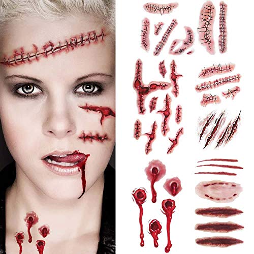 Disfraces de Halloween Tatuajes de zombis, Maquillaje para decoraciones de fiesta de Halloween, Body Scar Stickers para Cosplay 18 hojas (Tatuajes de zombis)