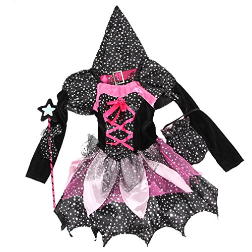 Disfraz de Halloween para niña - Disfraz de bruja，Vestido Tutú Princesa Brillantes Estrellas con Sombrero Bolsa de Dulces Varita Traje para witch costume Cosplay Halloween Carnaval (10-12 años)