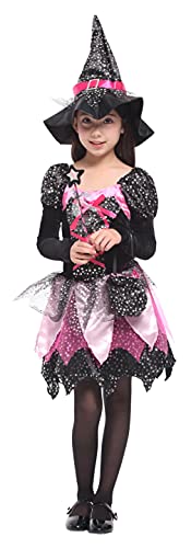 Disfraz de Halloween para niña - Disfraz de bruja，Vestido Tutú Princesa Brillantes Estrellas con Sombrero Bolsa de Dulces Varita Traje para witch costume Cosplay Halloween Carnaval (10-12 años)