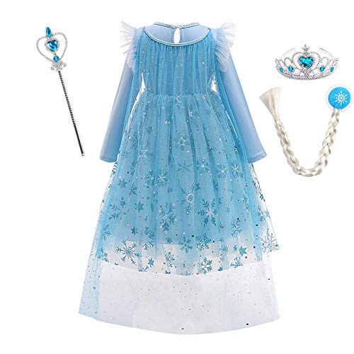 Disfraz de Princesa Elsa Niña Reina de Nieve Frozen 2 Hada Cosplay Halloween Navidad Carnaval Cumpleaños Vestido Tul Manto de Princesa Accesorios Azul 3 (con Accesorios) 5-6 años