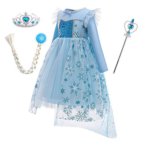 Disfraz de Princesa Elsa Niña Reina de Nieve Frozen 2 Hada Cosplay Halloween Navidad Carnaval Cumpleaños Vestido Tul Manto de Princesa Accesorios Azul 3 (con Accesorios) 5-6 años