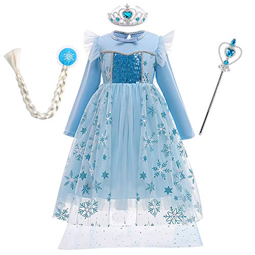 Disfraz de Princesa Elsa Niña Reina de Nieve Frozen 2 Hada Cosplay Halloween Navidad Carnaval Cumpleaños Vestido Tul Manto de Princesa Accesorios Azul 3 (con Accesorios) 5-6 años