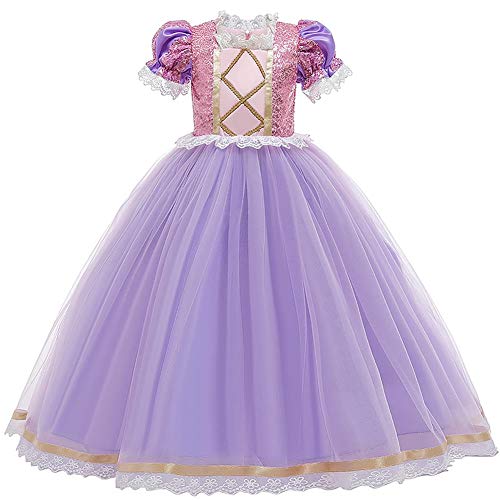 Disfraz de Princesa Rapunzel Deluxe para Niñas Sofia Halloween Costume Carnaval Cosplay Navidad Fiesta de Cumpleaños Maxi Tul Vestido Fiesta Traje Fancy Dress Infantil Chicas Púrpura 4-5 Años