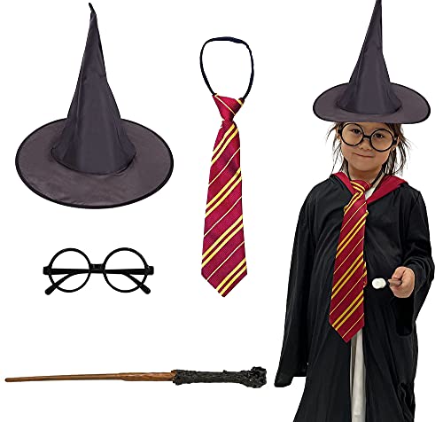 Disfraz Harry Potter Halloween, Gafas de Mago de Plástico, Varita, Corbata y Sombrero Negro de Bruja para Decoración Halloween, 4 Pcs (Modelo A)