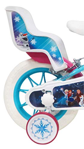 Disney - Bicicleta de 12 Pulgadas con 2 Frenos, Cesta Delantera y portamuñecas Trasera + 2 estabilizadores extraíbles para niña, Azul Turquesa, Blanco y Fucsia.