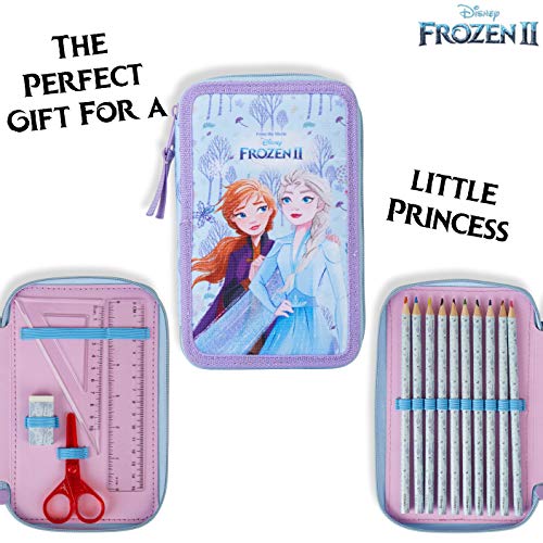 Disney Frozen 2 Estuche Escolar, Con Material Escolar de Anna y Elsa, Estuches Escolares 2 Compartimentos con Lapices Colores Rotuladores, Regalos Para Niñas