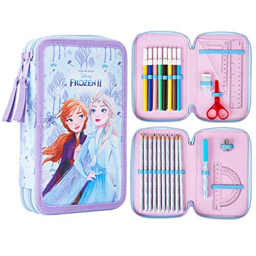 Disney Frozen 2 Estuche Escolar, Con Material Escolar de Anna y Elsa, Estuches Escolares 2 Compartimentos con Lapices Colores Rotuladores, Regalos Para Niñas