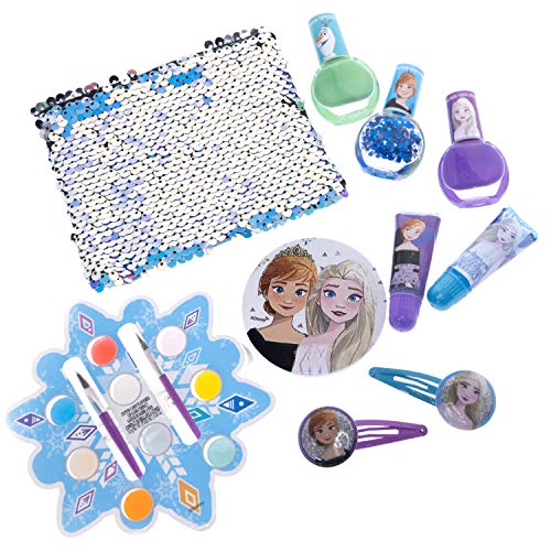 Disney Frozen - Townley Girl Juego de cambio de imagen con más de 20 piezas, que incluyen brillo de labios, esmalte de uñas, uñas a presión, pegatinas para uñas y bolsa de lentejuelas reversible.