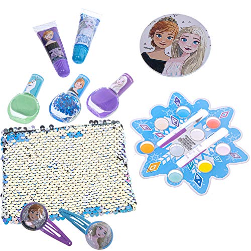 Disney Frozen - Townley Girl Juego de cambio de imagen con más de 20 piezas, que incluyen brillo de labios, esmalte de uñas, uñas a presión, pegatinas para uñas y bolsa de lentejuelas reversible.