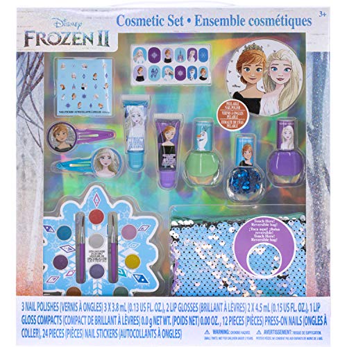 Disney Frozen - Townley Girl Juego de cambio de imagen con más de 20 piezas, que incluyen brillo de labios, esmalte de uñas, uñas a presión, pegatinas para uñas y bolsa de lentejuelas reversible.