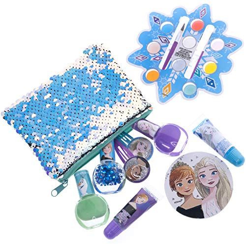 Disney Frozen - Townley Girl Juego de cambio de imagen con más de 20 piezas, que incluyen brillo de labios, esmalte de uñas, uñas a presión, pegatinas para uñas y bolsa de lentejuelas reversible.