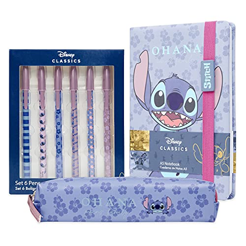 Disney Stitch Set Papeleria, Incluye Estuche Escolar, Cuaderno A5 y Set de 6 Bolígrafos Bonitos, Regalos Originales para Mujer Y Niñas de Lilo y Stitch