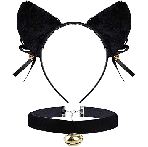 DoDuo Diadema de Oreja de Gato, Kit Disfraz Diadema de Gato Collar Choker Aleación para Mujer Niña Disfraces Fiesta Halloween Cumpleaños Cosplay