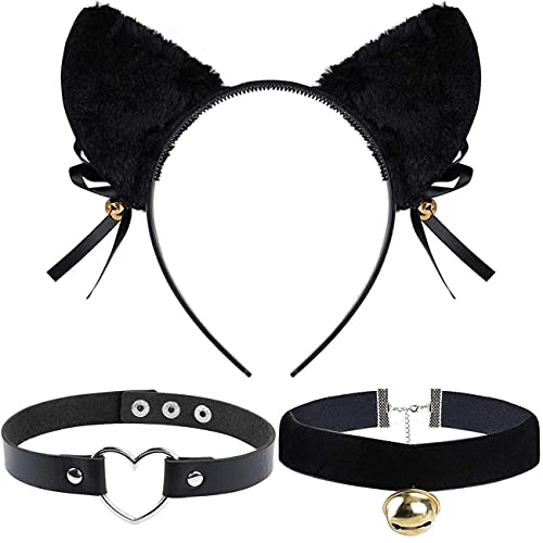 DoDuo Diadema de Oreja de Gato, Kit Disfraz Diadema de Gato Collar Choker Aleación para Mujer Niña Disfraces Fiesta Halloween Cumpleaños Cosplay