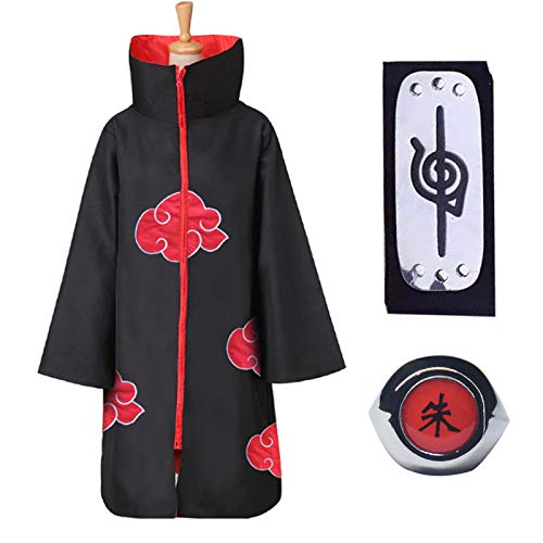 DreamJ Amycute Naruto Akatsuki Abrigo para niños Adultos Unisex Cosplay Cosplay Halloween Navidad Fiesta Disfraz Capa con diadema y anillo (XS)