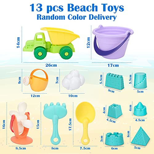 Dreamon Juguetes de Playa 13 Piezas Set con Bolsa de Malla Camione Cubo Pala Arena Juegos para Niños y Niñas