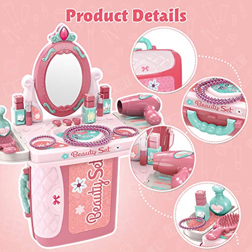 Dreamon Maquillaje y Maletin Peluqueria Set para Niños con Joyería Pintauñas Secador Accesorios Juguete Niñas 3 Años