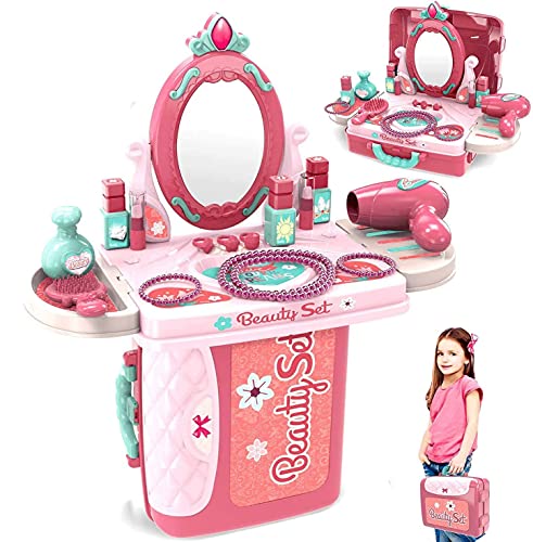 Dreamon Maquillaje y Maletin Peluqueria Set para Niños con Joyería Pintauñas Secador Accesorios Juguete Niñas 3 Años