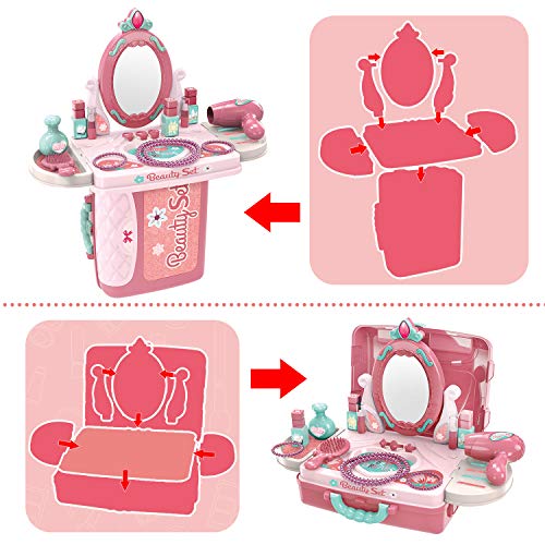 Dreamon Maquillaje y Maletin Peluqueria Set para Niños con Joyería Pintauñas Secador Accesorios Juguete Niñas 3 Años