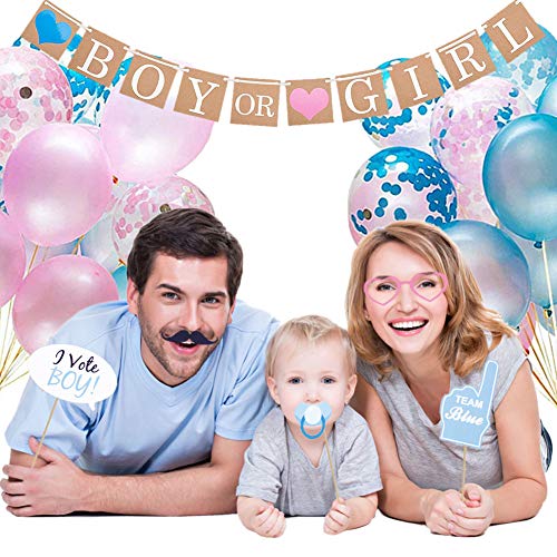 Dsaren 103 Pcs Artículos de Fiesta de Gender Reveal Niño o Niña Sorpresa Banner Confeti Globos de Látex Photo Booth Props Cupcake Toppers Baby Shower Decorations