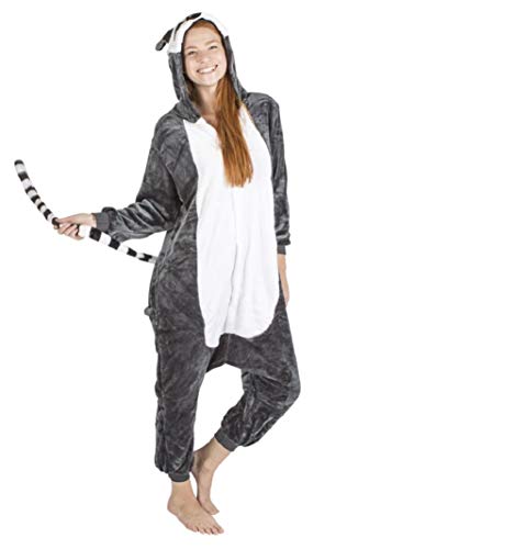 Ducomi Kigurumi Pijamas Disfraces Divertidos - Pijamas Unisex Adulto Cosplay Disfraz de Animal - Peluche Halloween y Carnaval Mujer Hombre - Pijama Tuta Unicornio, Koala, Panda (Lemur, XL)