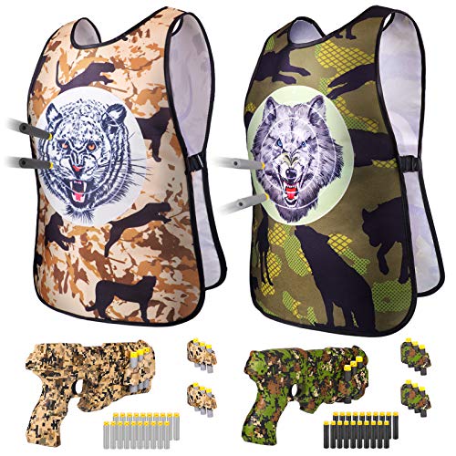 DX DA XIN Juego de chaleco táctico para niños,2 chalecos con dianas +2 pistola Blaster +40 dardos de espuma suave,chaleco de camuflaje para soldados, policía, cosplay, armas, juguetes interactivos