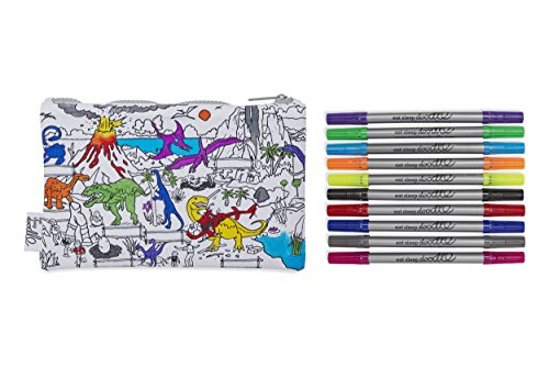 eatsleepdoodle Estuche para Colorear con Dinosaurios, Personaliza y Colorea la Divertida Ilustración de Dinosaurios, Juego para Niños con Rotuladores para Tela Lavables Incluidos