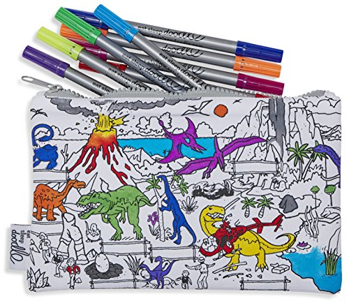 eatsleepdoodle Estuche para Colorear con Dinosaurios, Personaliza y Colorea la Divertida Ilustración de Dinosaurios, Juego para Niños con Rotuladores para Tela Lavables Incluidos