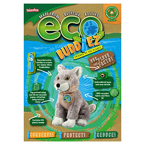 EcoBuddiez - Lobo de Deluxebase. Peluche Grande de 30 cm elaborado con Botellas de plástico recicladas. Lindo Peluche ecológico con Forma de animalito para niños pequeños.