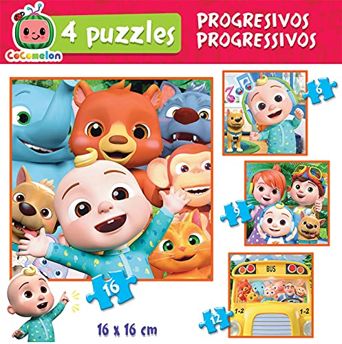 Educa 19138 Cocomelon. Set de 4 Puzzles progresivos de 6, 9, 12 y 16 Piezas. A Partir de 36 Meses