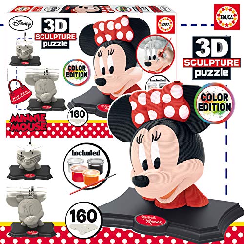 Educa - 3D Sculpture Puzzle Minnie Mouse, Montar y pintar, Incluye pinturas y pincel, +6 años (17930)