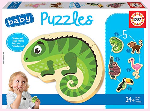 Educa - Baby Puzzles Animales Tropicales. Set de 5 Puzzles Infantiles Progresivos de 3 a 5 piezas. A partir de 24 meses. Ref.18587