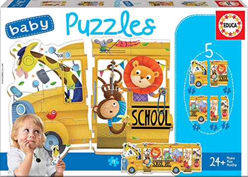 Educa - Baby Puzzles Bus de Animalitos, Set de 5 Puzzles Infantiles Progresivos de 3 a 5 piezas, a partir de 24 meses (17575)