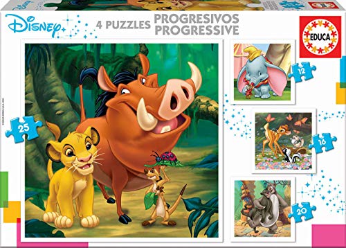 Educa - Disney Animals Dumbo, Bambi, Lion King, el Libro de la Selva Conjunto de Puzzles Progresivos, Multicolor (18104)